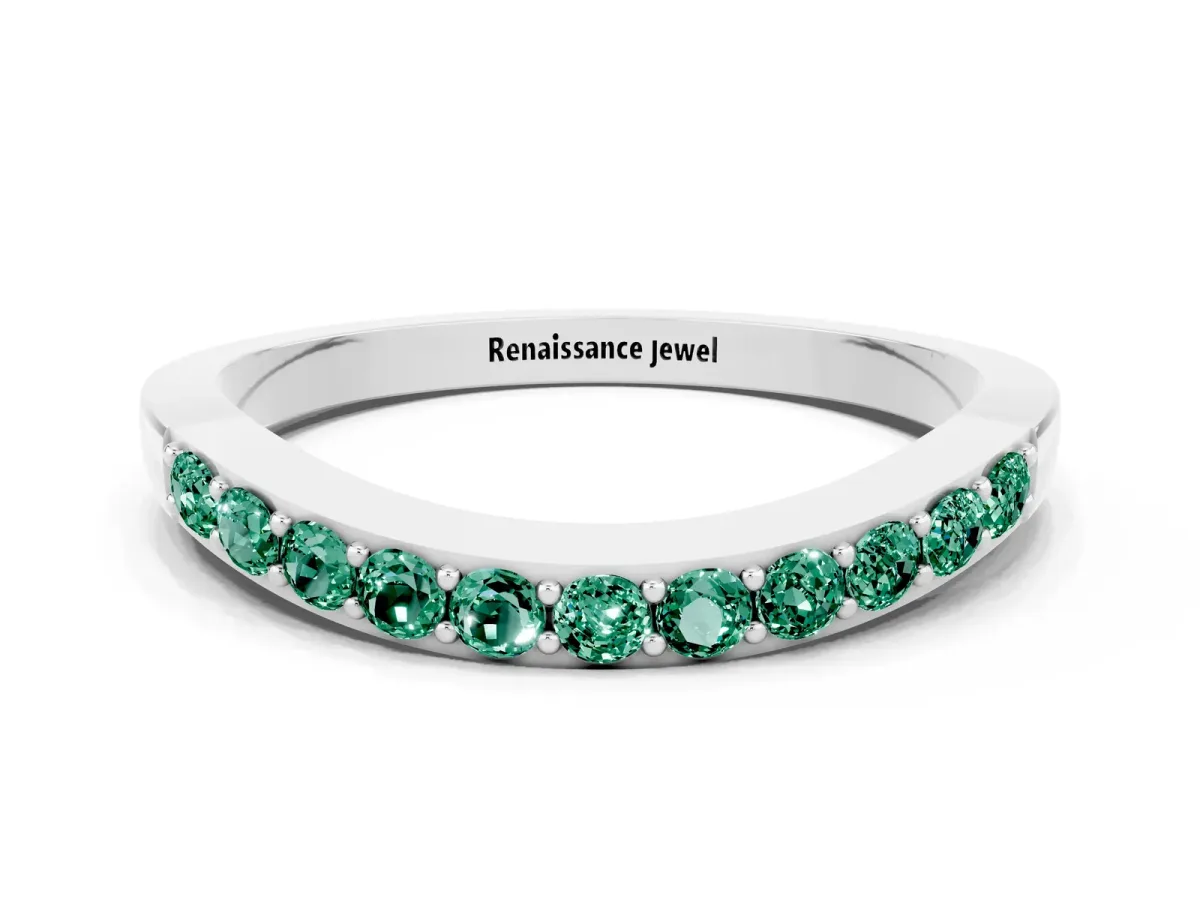 Round Green Sapphire Curved Wedding Band with Channel Setting Platinum