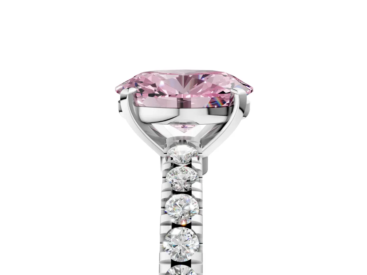 Fancy Pink Oval Cut Solitaire Diamond with Pavé Band and Four-Prong Setting Silver