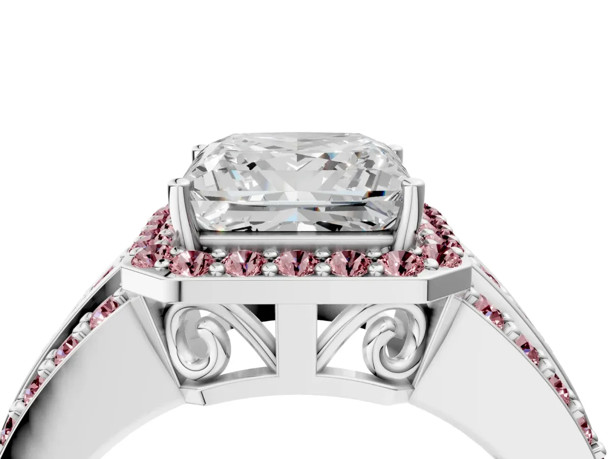Princess Cut Halo Diamond Ring with Round Morganite Split Shank and Prong Setting Silver
