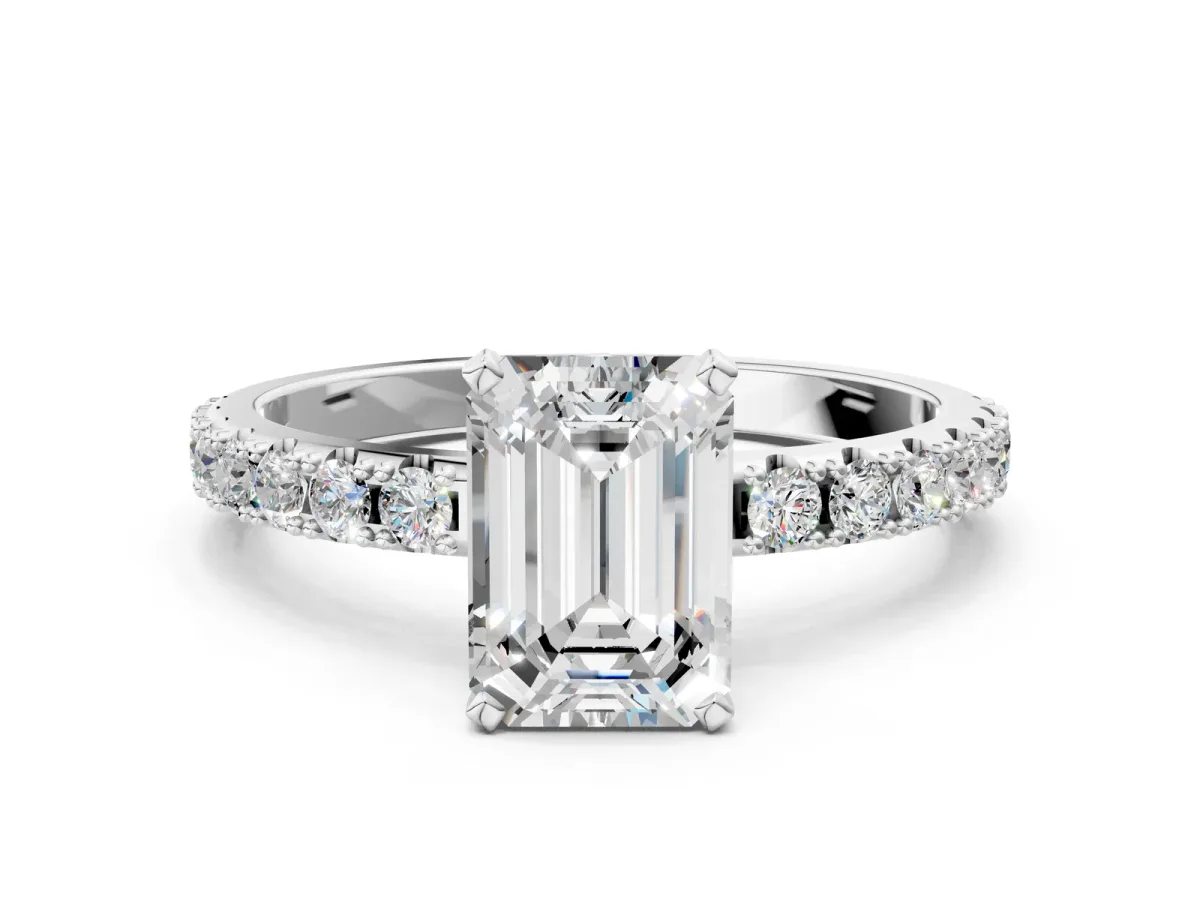 Emerald Cut Diamond Solitaire Pavé Band with Four-Prong Setting Silver