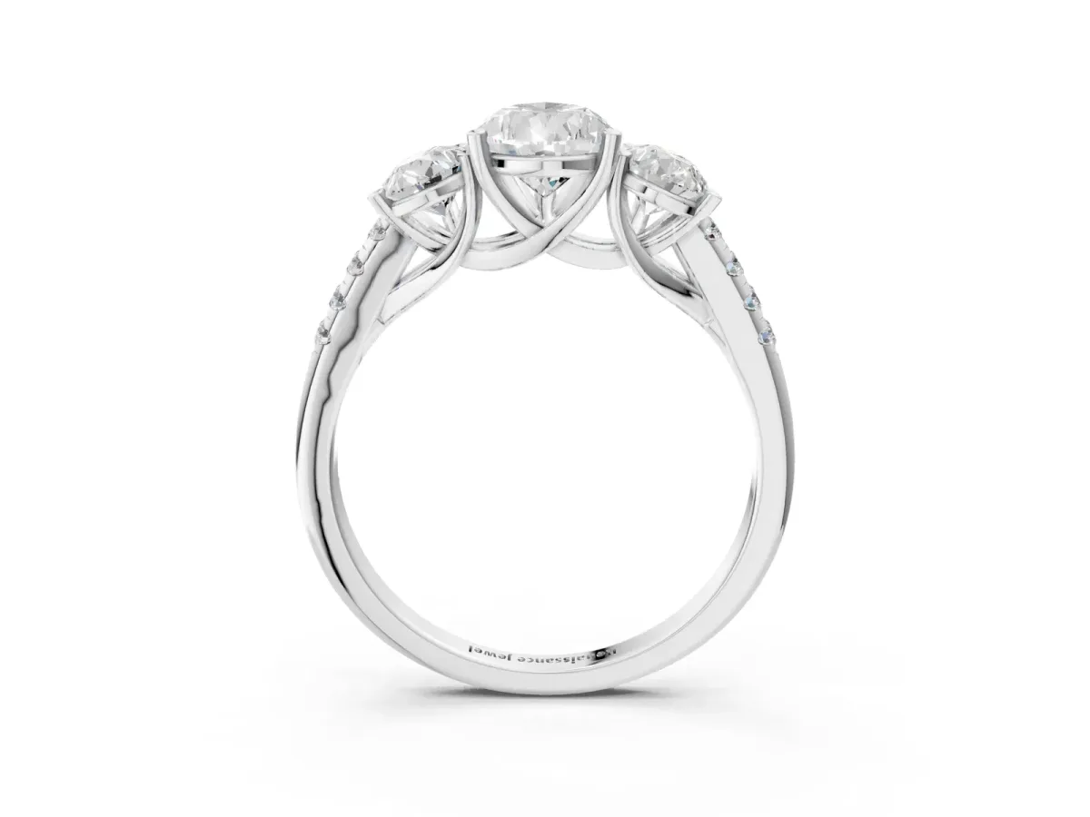 Three-Stone Pear Cut Diamond Ring with Round Moissanite Pavé Band and Prong Setting Silver