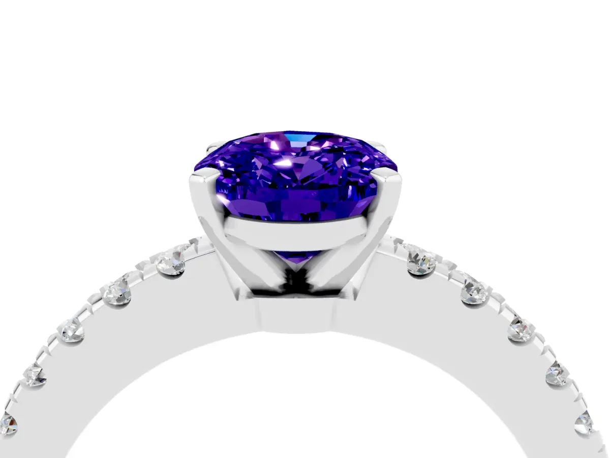 Oval Cut Solitaire Tanzanite with Pavé Band and Four-Prong Setting Silver
