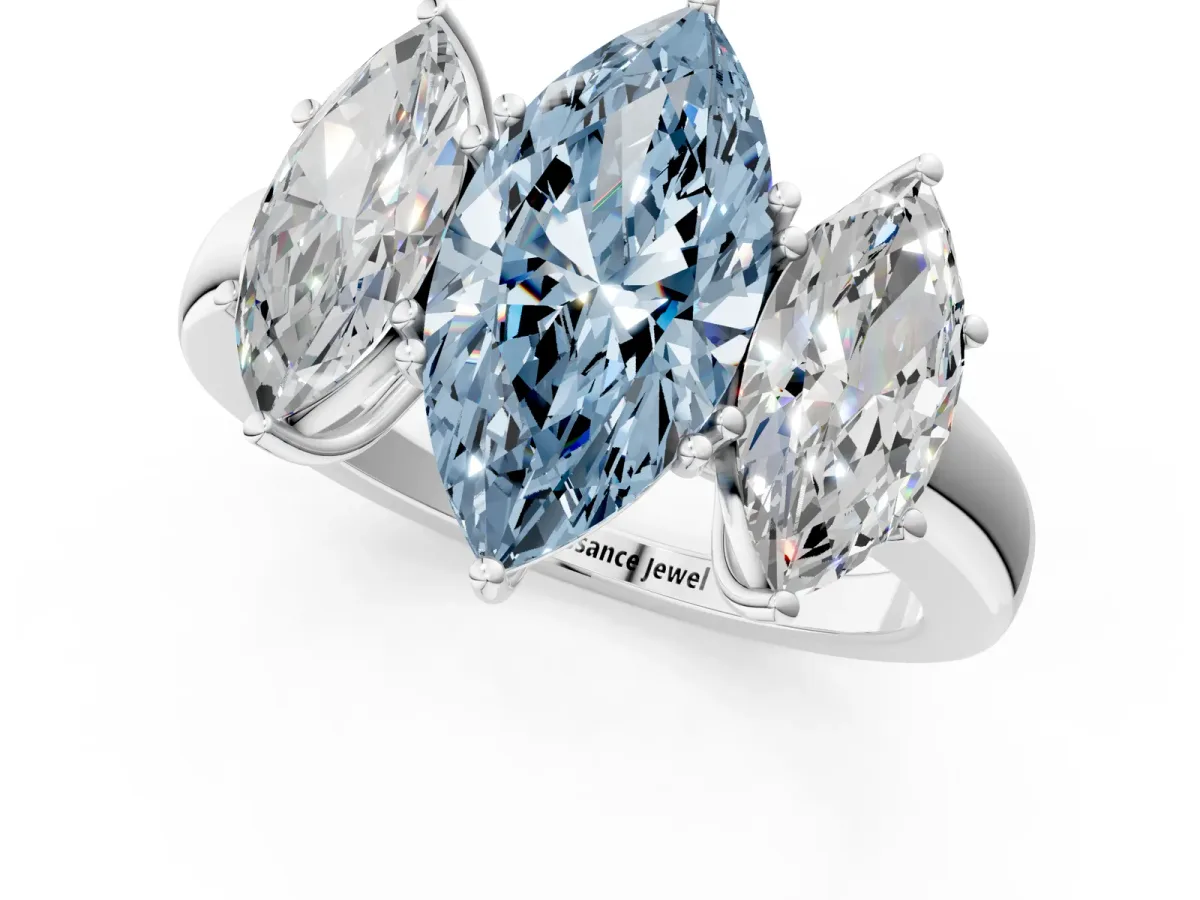Fancy Blue Marquise Cut Diamond Three-Stone Ring with Four-Prong Setting and Classic Band Platinum