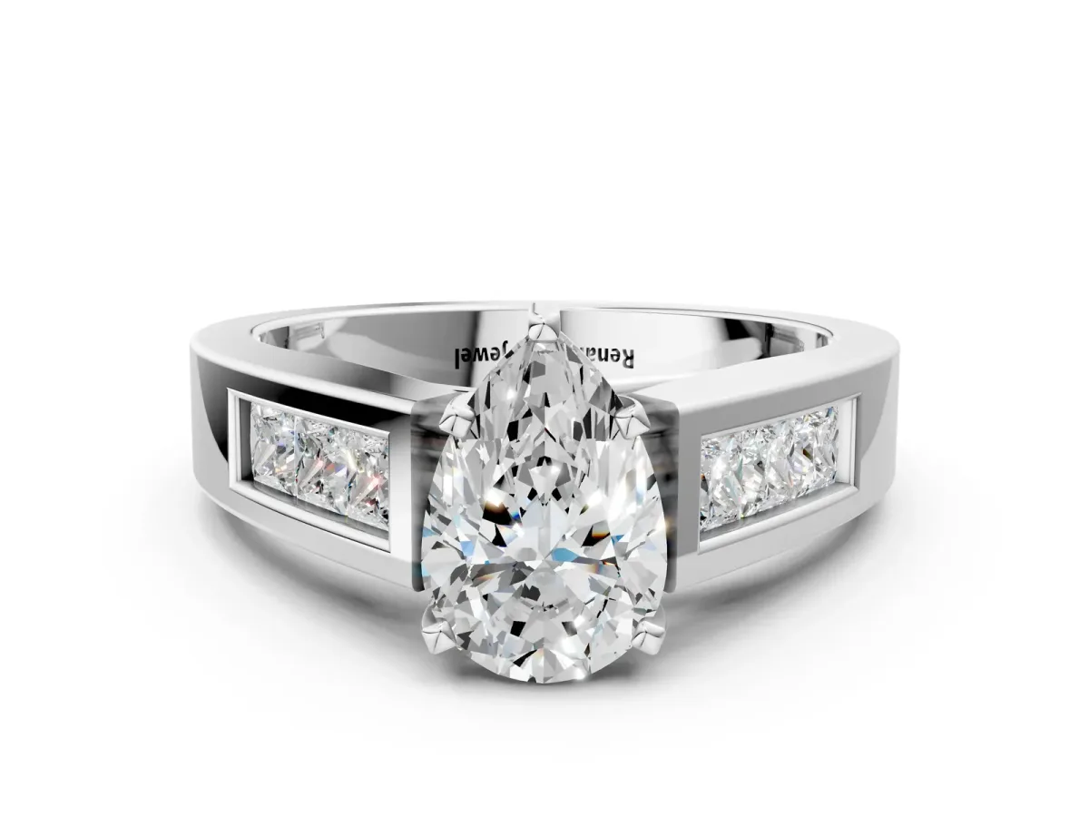 Pear Cut Cut Channel Set Solitaire Ring with Four-Prong Setting Platinum