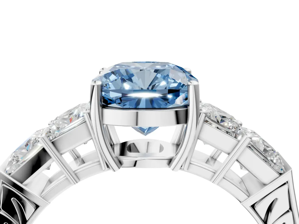 Fancy Blue Cushion Cut Solitaire Princess Side Stone Engraved Band Prong Setting Ring Platinum