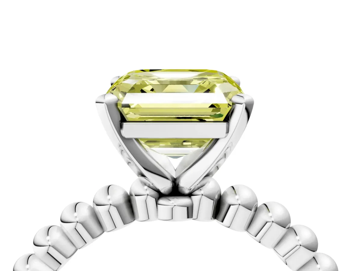 Fancy Yellow Asscher Cut Diamond Solitaire Ring with Beaded Band and Prong Setting Silver