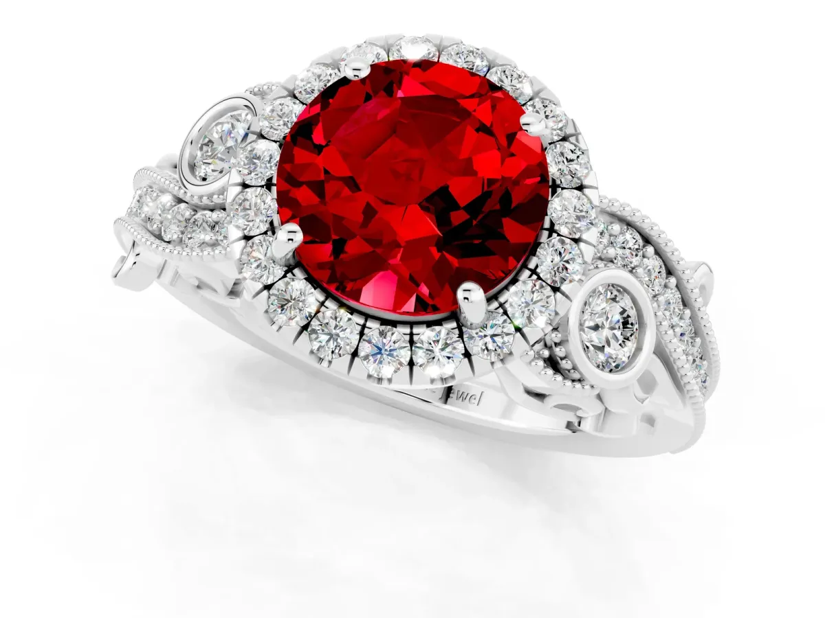 Round Cut Ruby Halo Ring with Milgrain Pavé Band and Four-Prong Setting Platinum