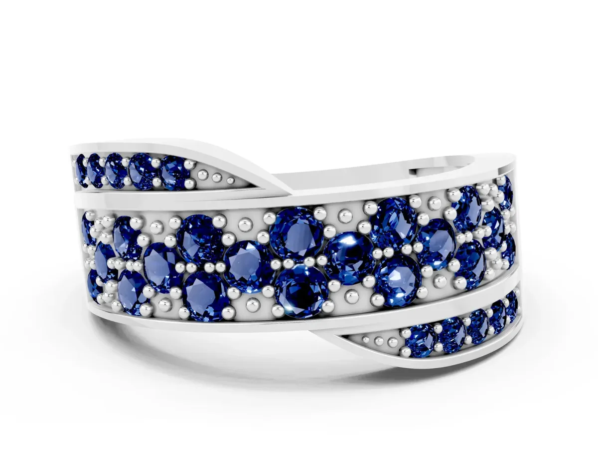 Pavé Round Blue Sapphire Crossover Band with Bead Prong Setting White gold