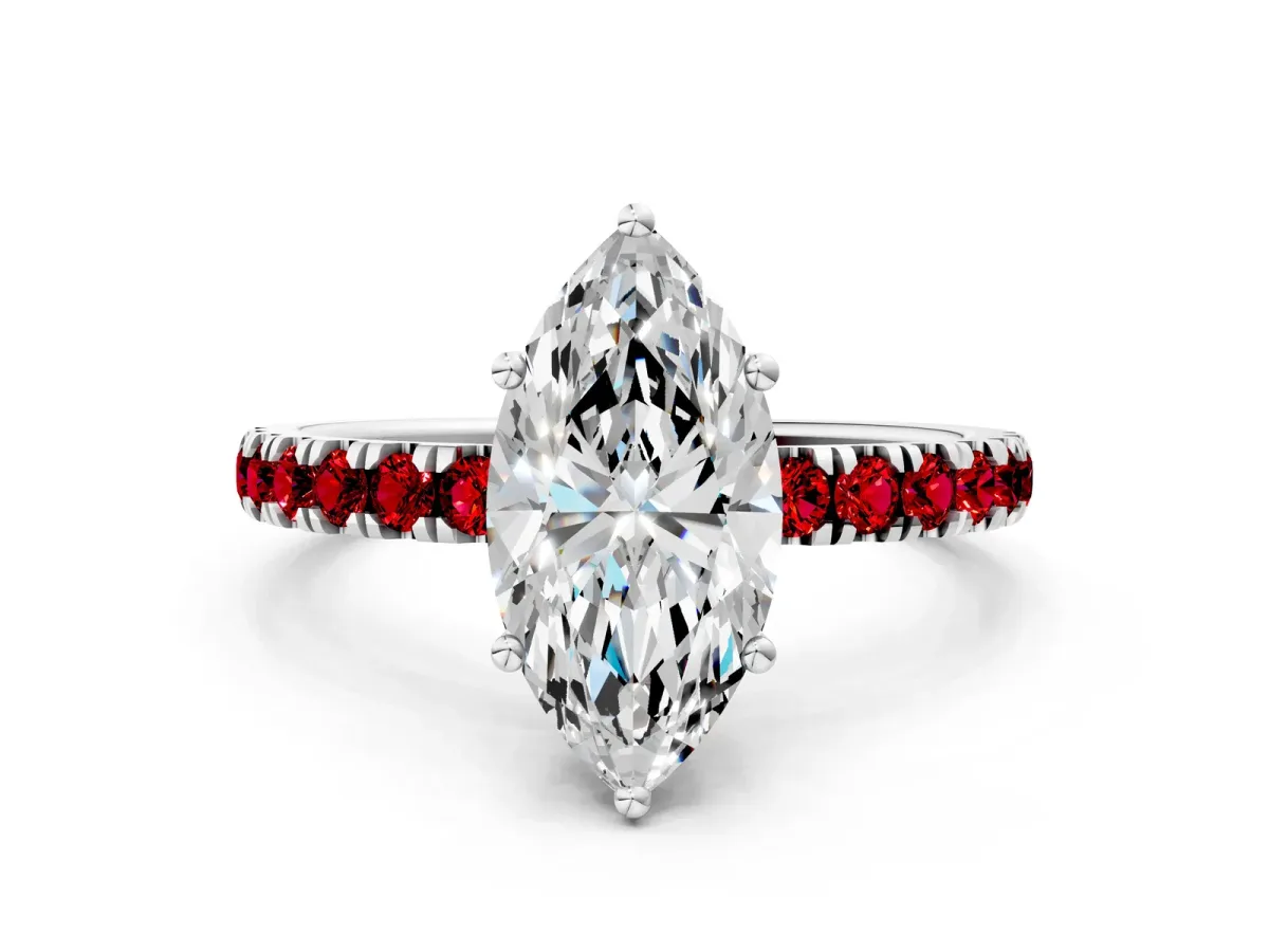 Marquise Cut Diamond Pave Band Solitaire Ring with Round Ruby and Prong Setting White gold