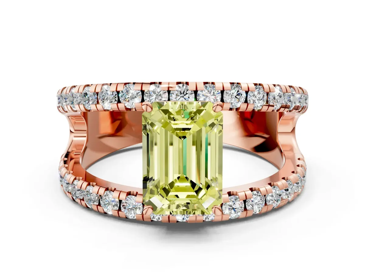 Fancy Yellow Emerald Cut Solitaire Split Shank Pave Diamond Ring Rose gold