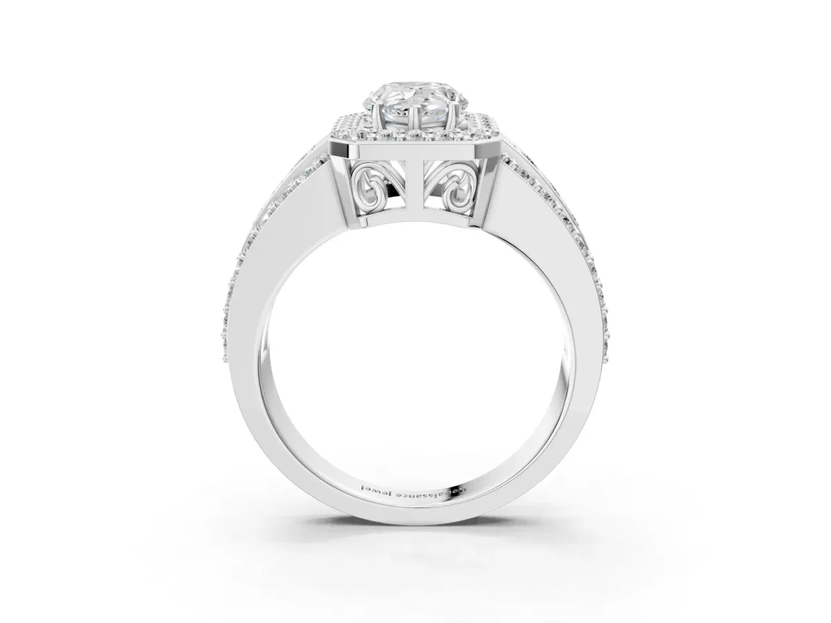 Pear Cut Halo Diamond Ring with Round Split Shank and Prong Setting Platinum