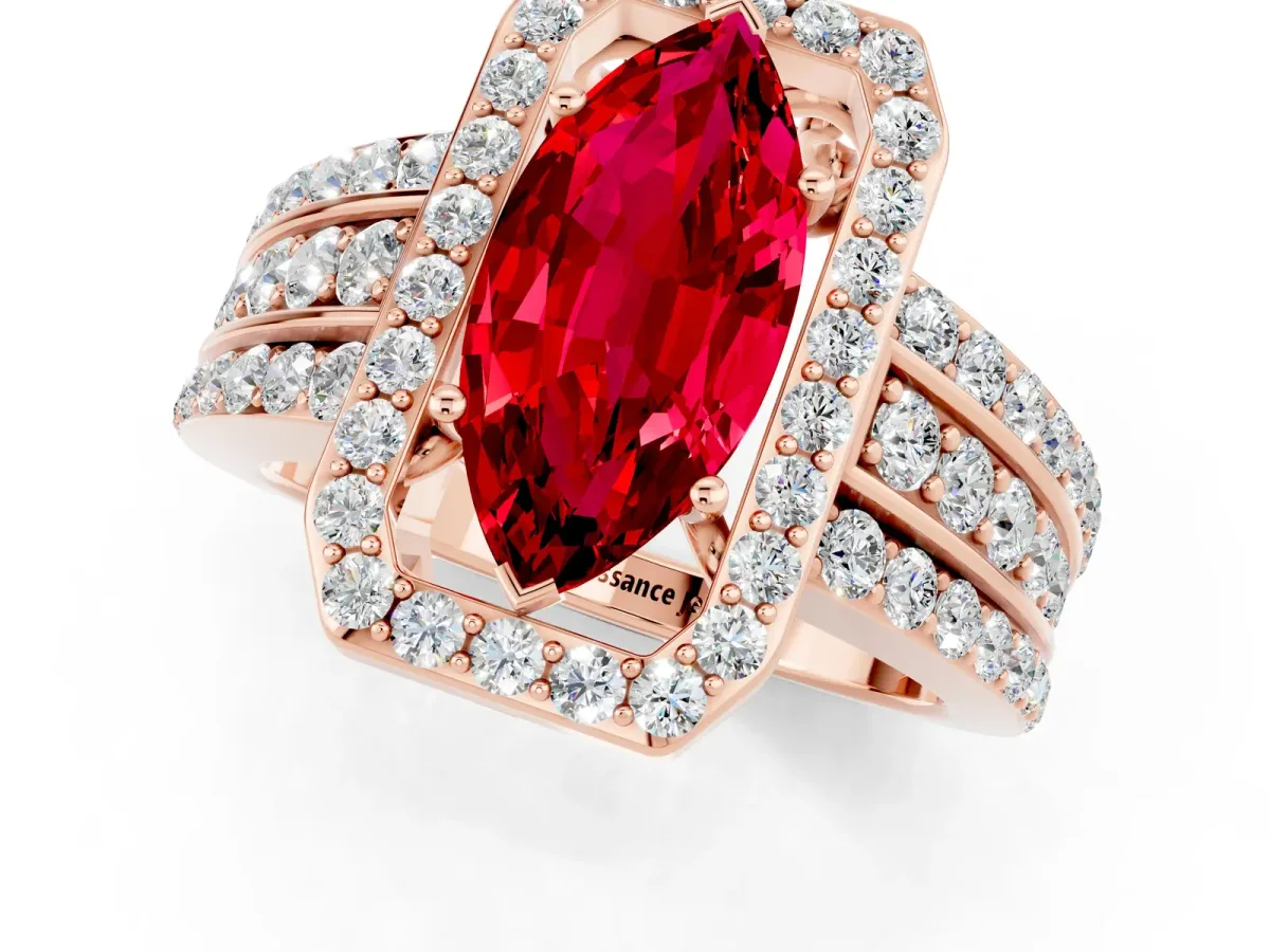 Marquise Cut Halo Ruby Ring with Round Split Shank and Prong Setting Rose gold