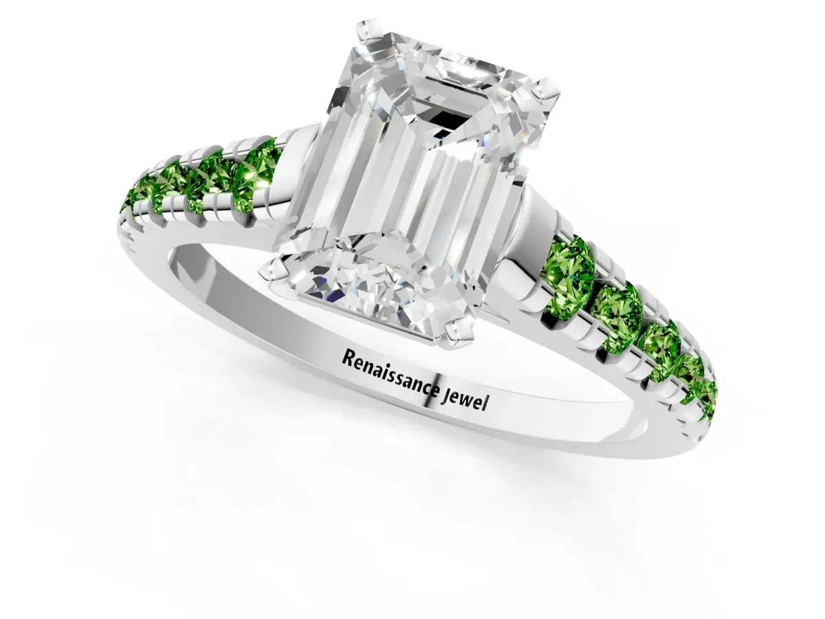 Emerald Cut Diamond Cathedral Solitaire Ring with Round Peridot Pavé Band Platinum