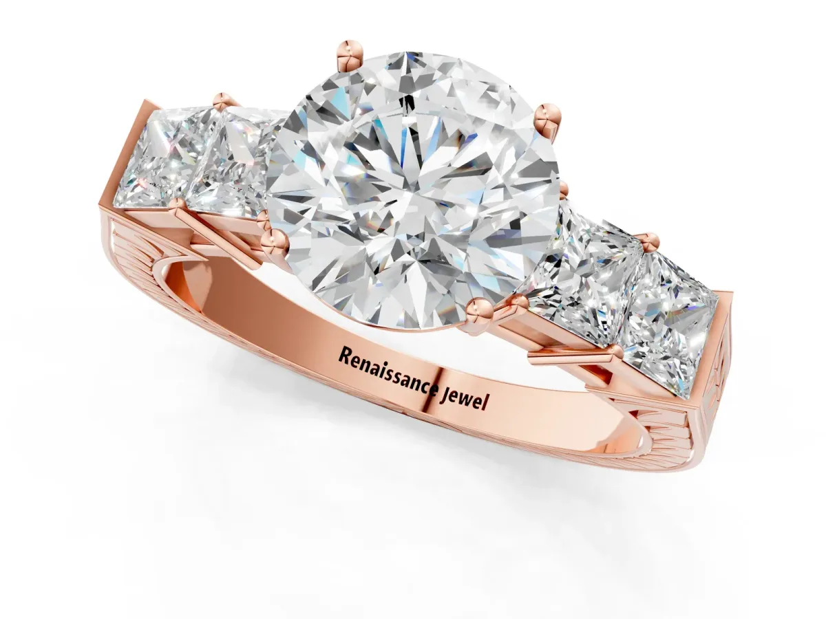 Round Cut Solitaire Princess Side Stone Engraved Band Prong Setting Ring Rose gold
