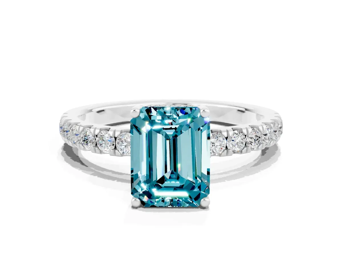 Emerald Cut Blue Topaz Pave Band Solitaire Ring with Round and Prong Setting Platinum