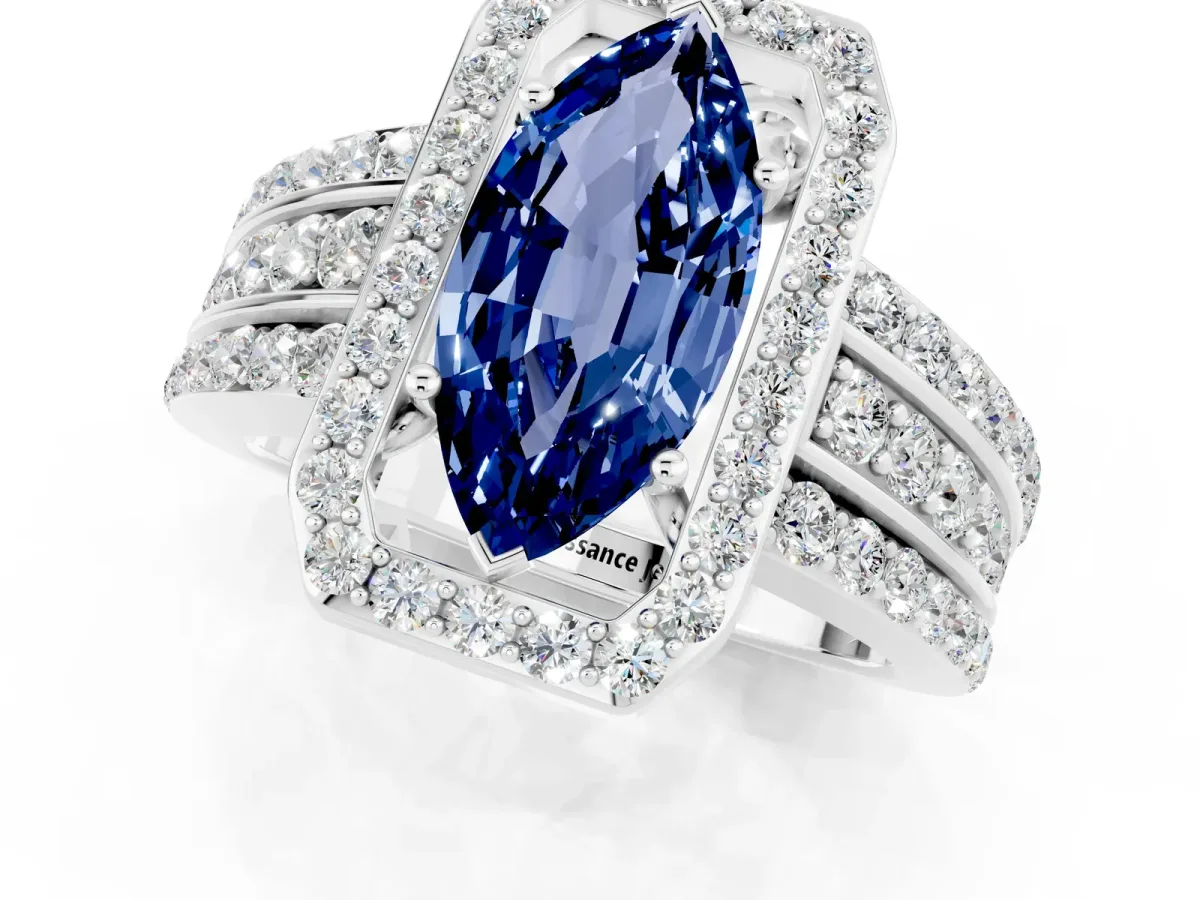 Marquise Cut Halo Blue Sapphire Ring with Round Split Shank and Prong Setting Silver