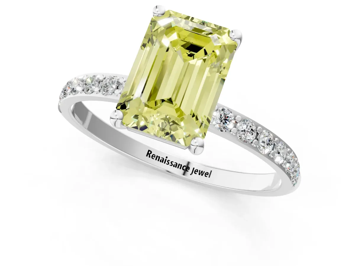 Fancy Yellow Emerald Cut Diamond Solitaire Ring with Round Pavé Shoulders and Prong Setting Silver