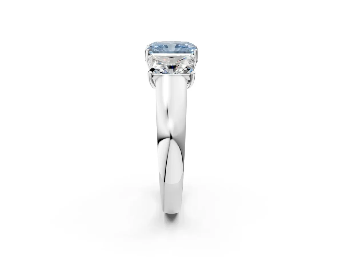 Fancy Blue Three-Stone Radiant Cut Cut Diamond Ring with Prong Setting and Classic Band Platinum
