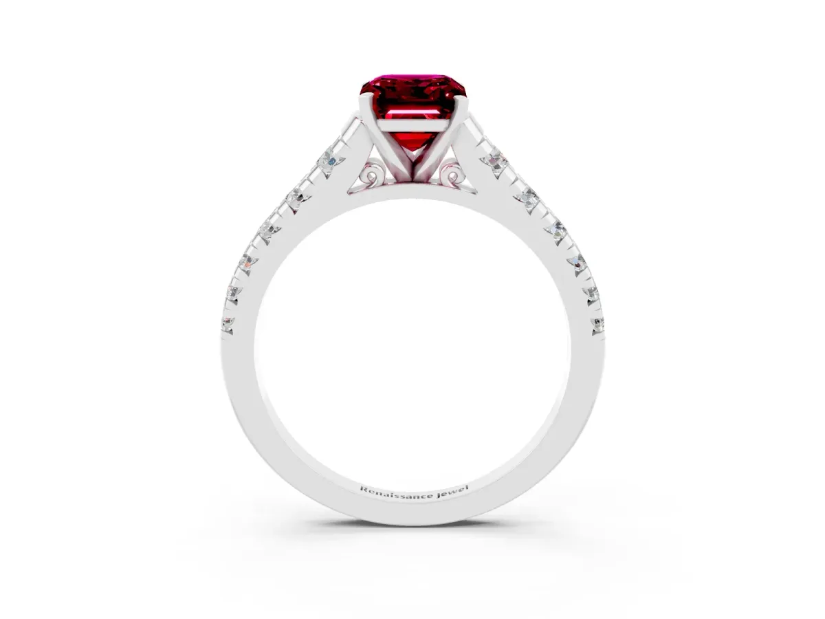 Emerald Cut Garnet Cathedral Solitaire Ring with Round Pavé Band Silver