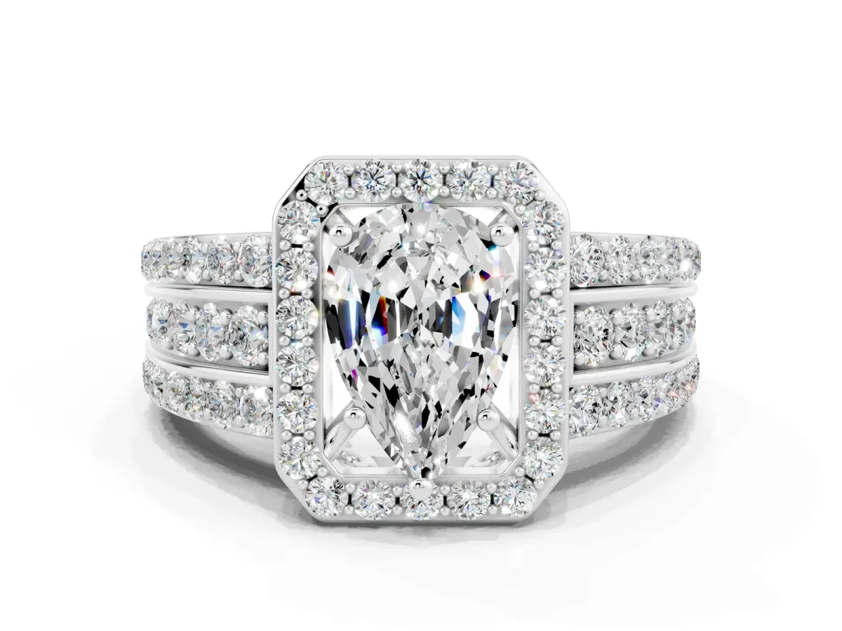 Pear Cut Halo Moissanite Ring with Round Split Shank and Prong Setting Silver