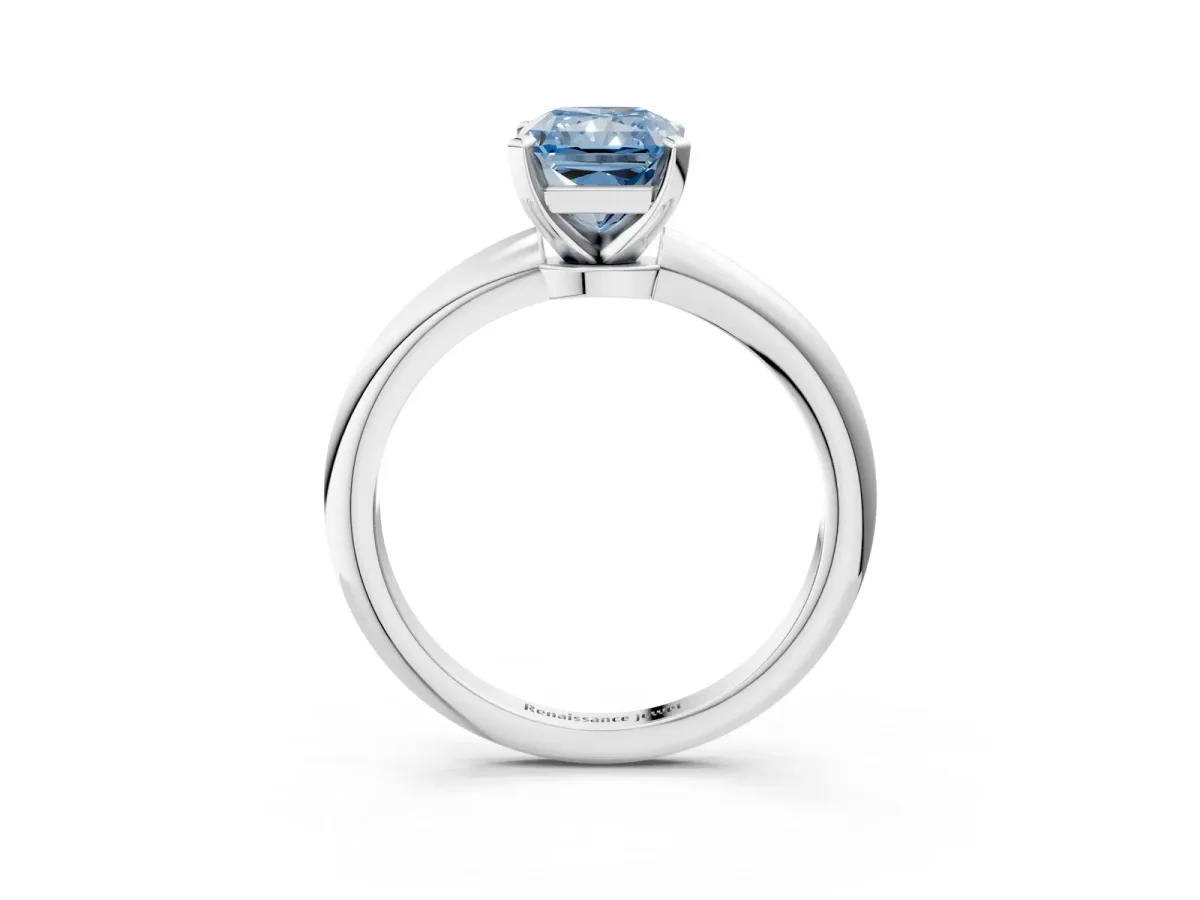 Fancy Blue Radiant Cut Diamond Solitaire Ring with Six-Prong Setting and Classic Band Silver