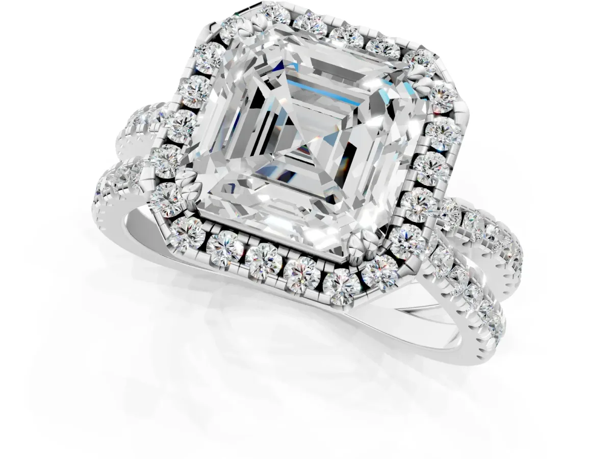 Asscher Cut Halo Split Shank Diamond Ring with Pavé Setting Platinum