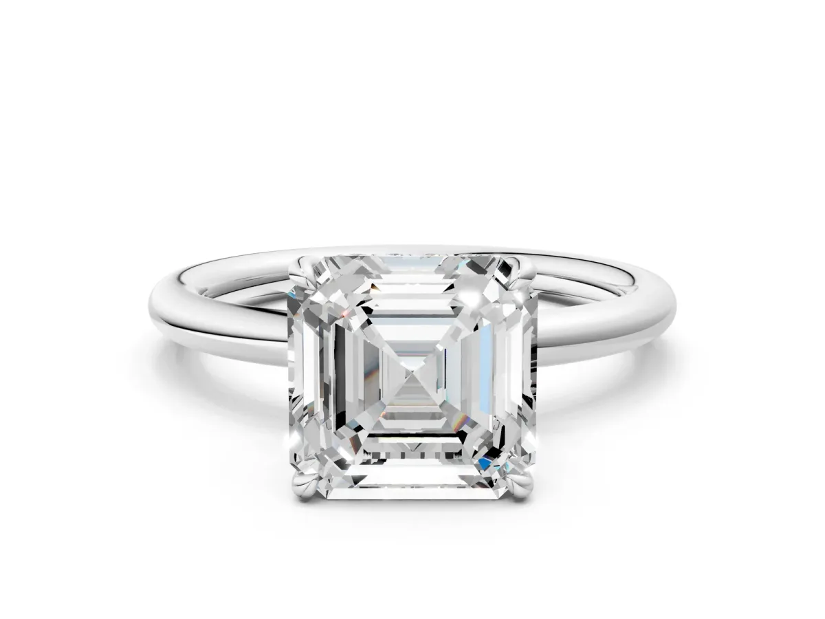 Asscher Cut Diamond Solitaire Ring with Thin Band and Four-Prong Setting Platinum