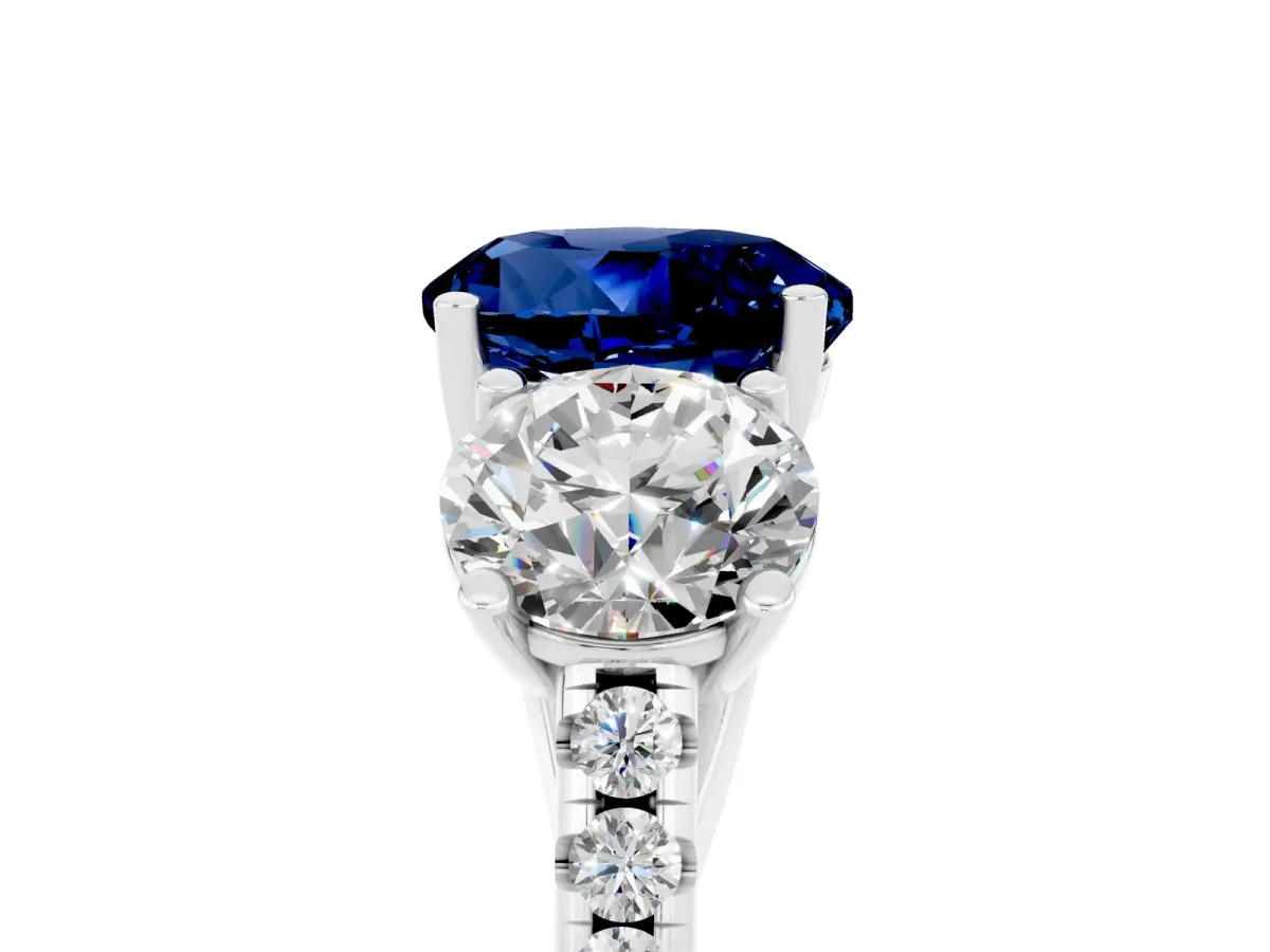 Three-Stone Round Cut Blue Sapphire Ring with Round Pavé Band and Prong Setting Silver