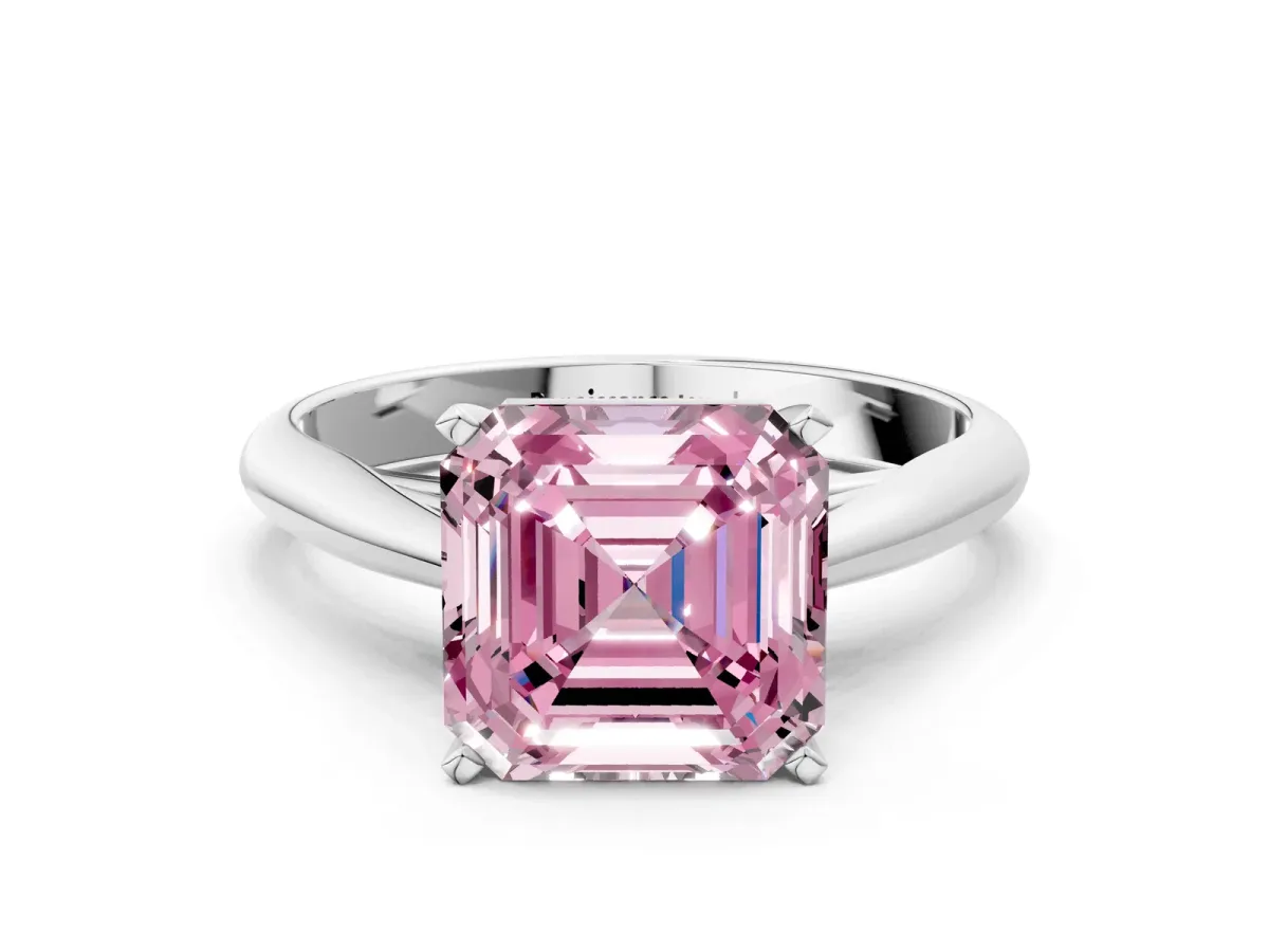 Fancy Pink Asscher Cut Diamond Solitaire Engagement Ring with Cathedral Setting and Four-Prong Mount Silver