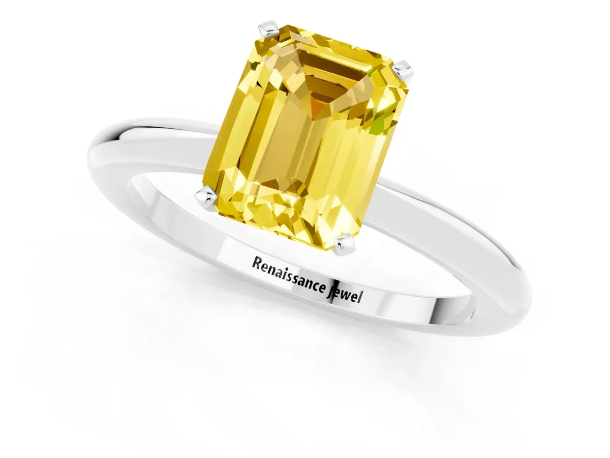 Emerald Cut Yellow Sapphire Solitaire Ring with Six-Prong Setting and Classic Band Silver