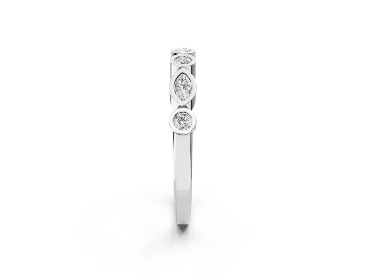 Bezel Set Marquise and Round Diamond Stackable Band White gold
