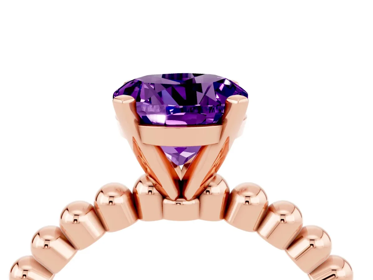 Round Cut Amethyst Solitaire Ring with Beaded Band and Prong Setting Rose gold