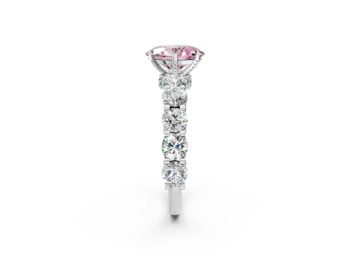 Fancy Pink Oval Cut Diamond Side Stone Engagement Ring with Four-Prong Setting Silver