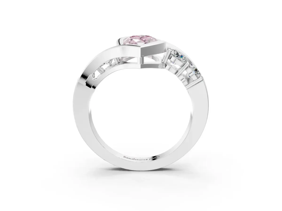Fancy Pink Bezel Set Marquise Cut Diamond Bypass Ring with Round Accents Silver