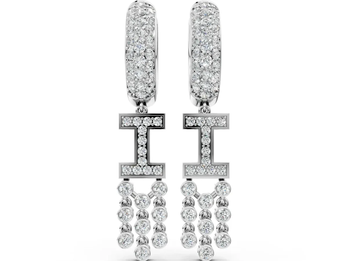 Round Diamond Initial I Huggie Hoop Earrings Silver