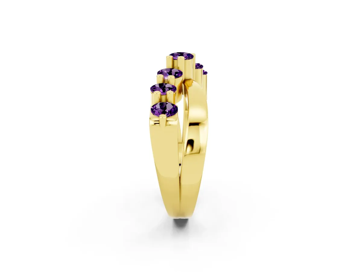 Round Amethyst Prong-Set Crossover Band Yellow gold