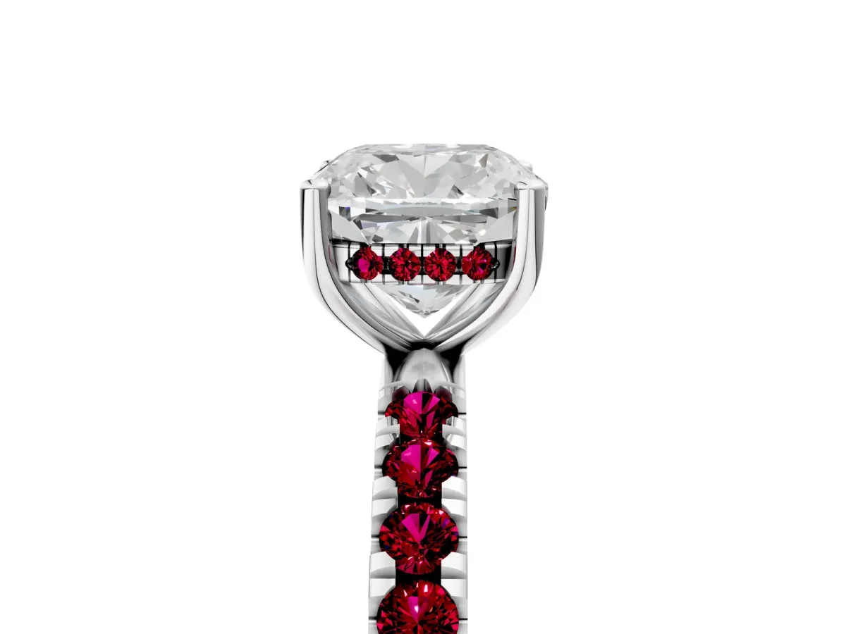 Cushion Cut Diamond Pave Band Solitaire Ring with Round Garnet and Prong Setting Silver