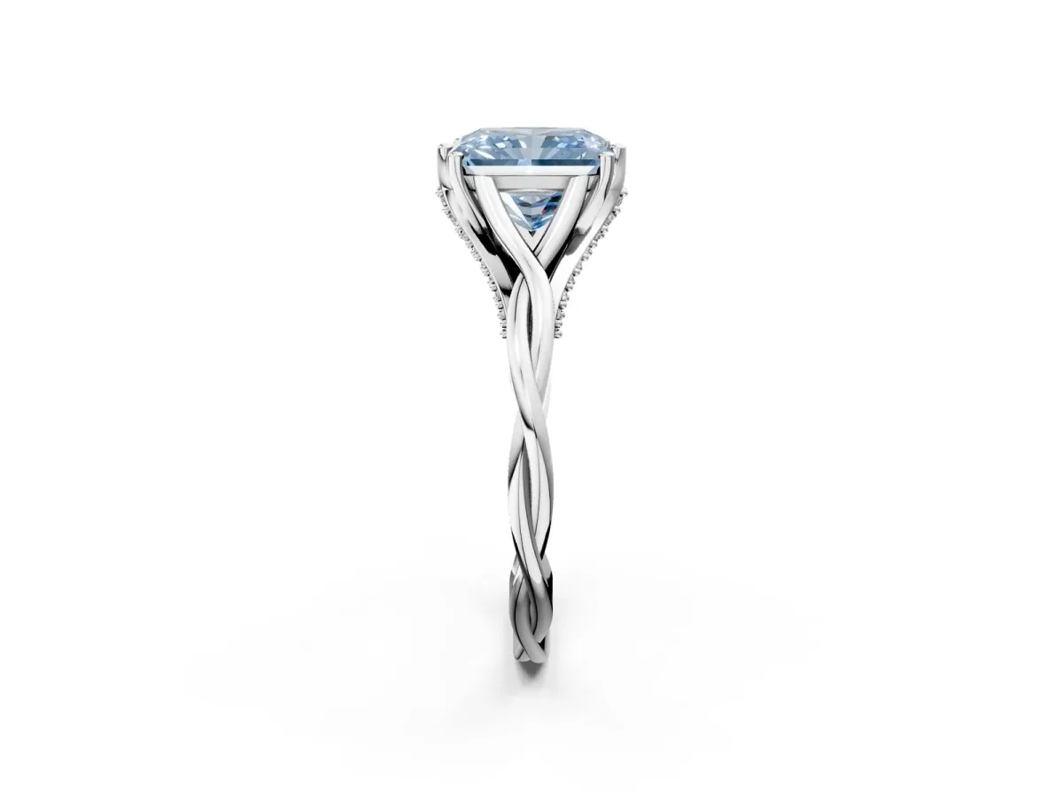 Fancy Blue Radiant Cut Solitaire Twist Band Six-Prong Setting Platinum