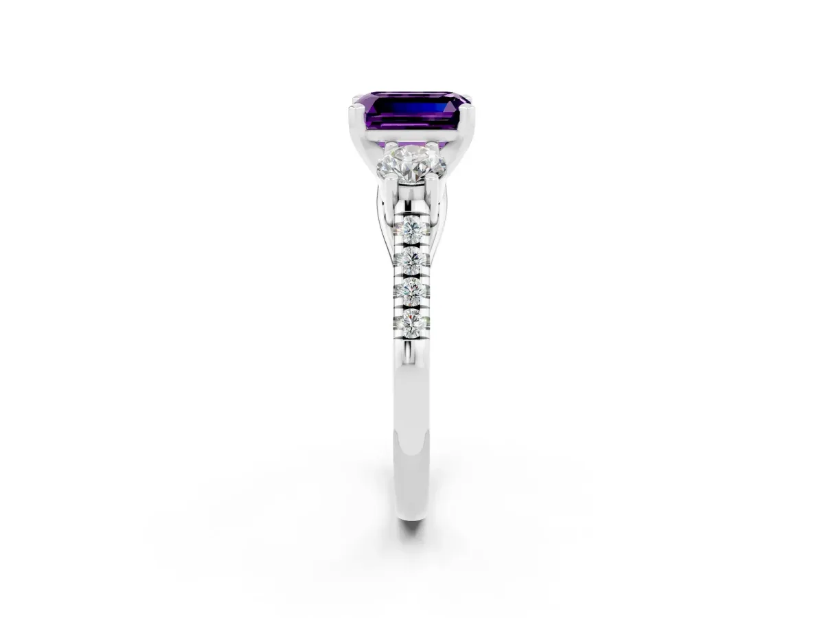 Three-Stone Emerald Cut Amethyst Pavé Band with Four-Prong Setting Silver