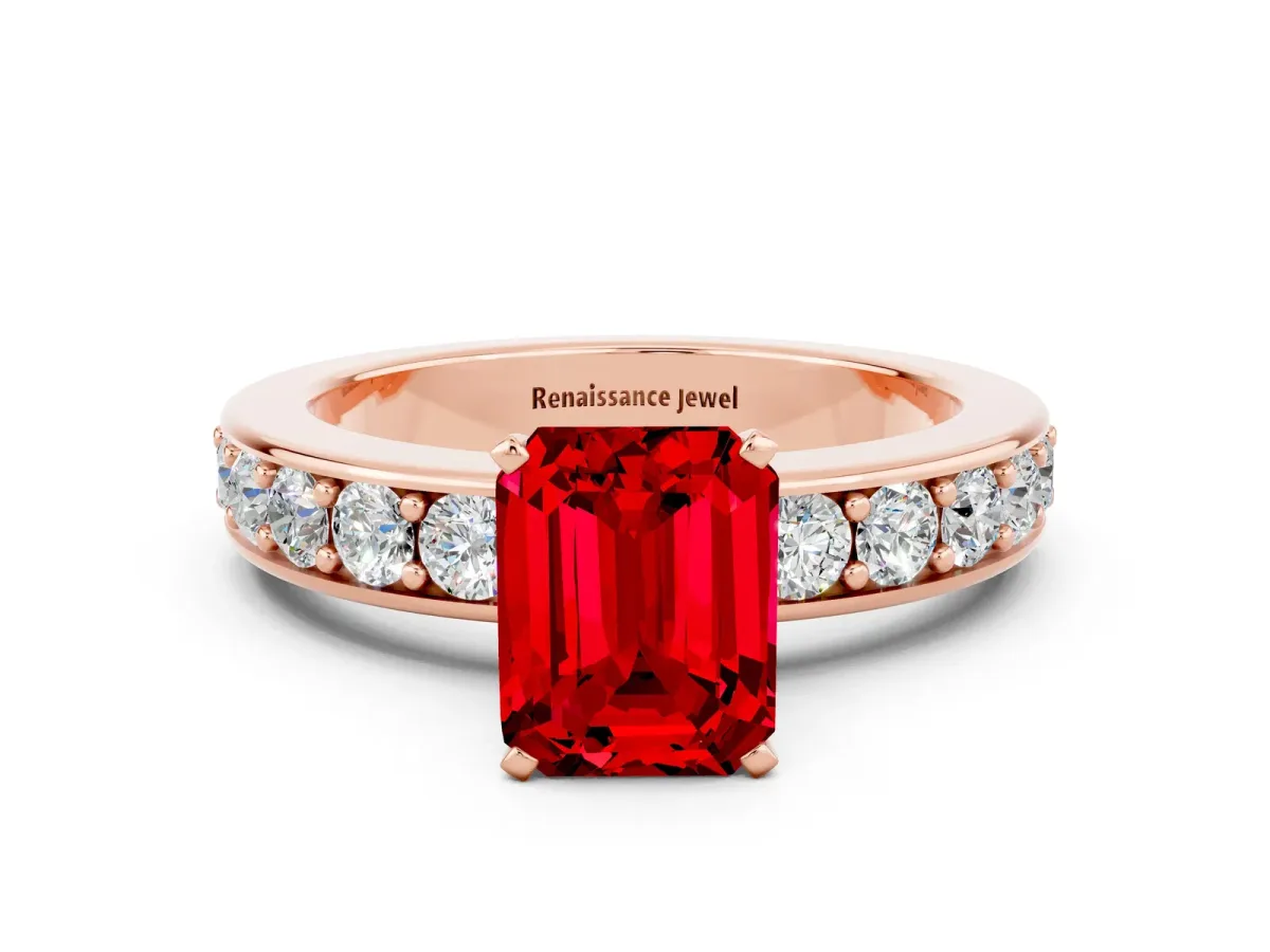 Emerald Cut Ruby Engagement Ring with Channel Set Round Band and Prong Setting Rose gold