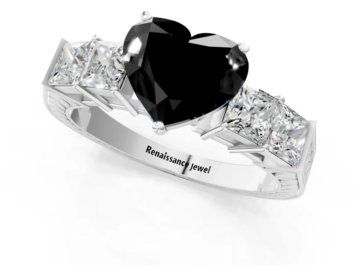 Fancy Black Heart Cut Solitaire Princess Side Stone Engraved Band Prong Setting Ring Platinum