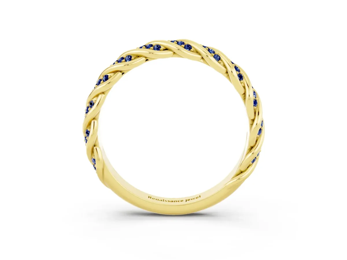 Twisted Pavé Round Blue Sapphire Eternity Band with Shared Prong Setting Yellow gold