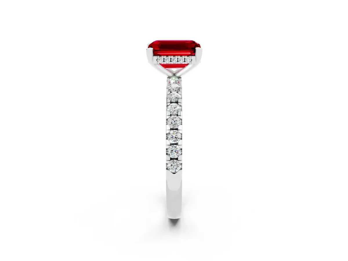 Emerald Cut Ruby Solitaire Ring with Round Pavé Band and Four-Prong Setting Silver