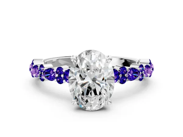 Oval Cut Diamond Side Stone Solitaire Ring with Round Tanzanite and Four-Prong Setting White gold
