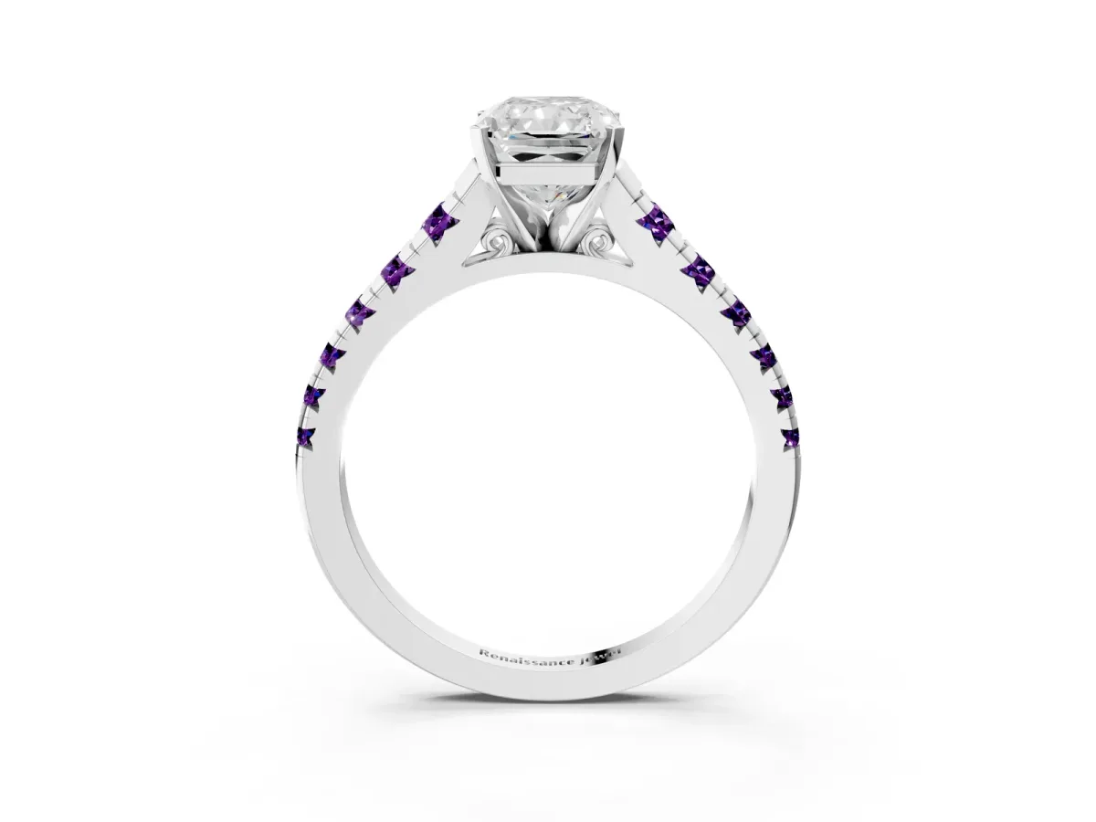 Radiant Cut Diamond Cathedral Solitaire Ring with Round Amethyst Pavé Band Silver