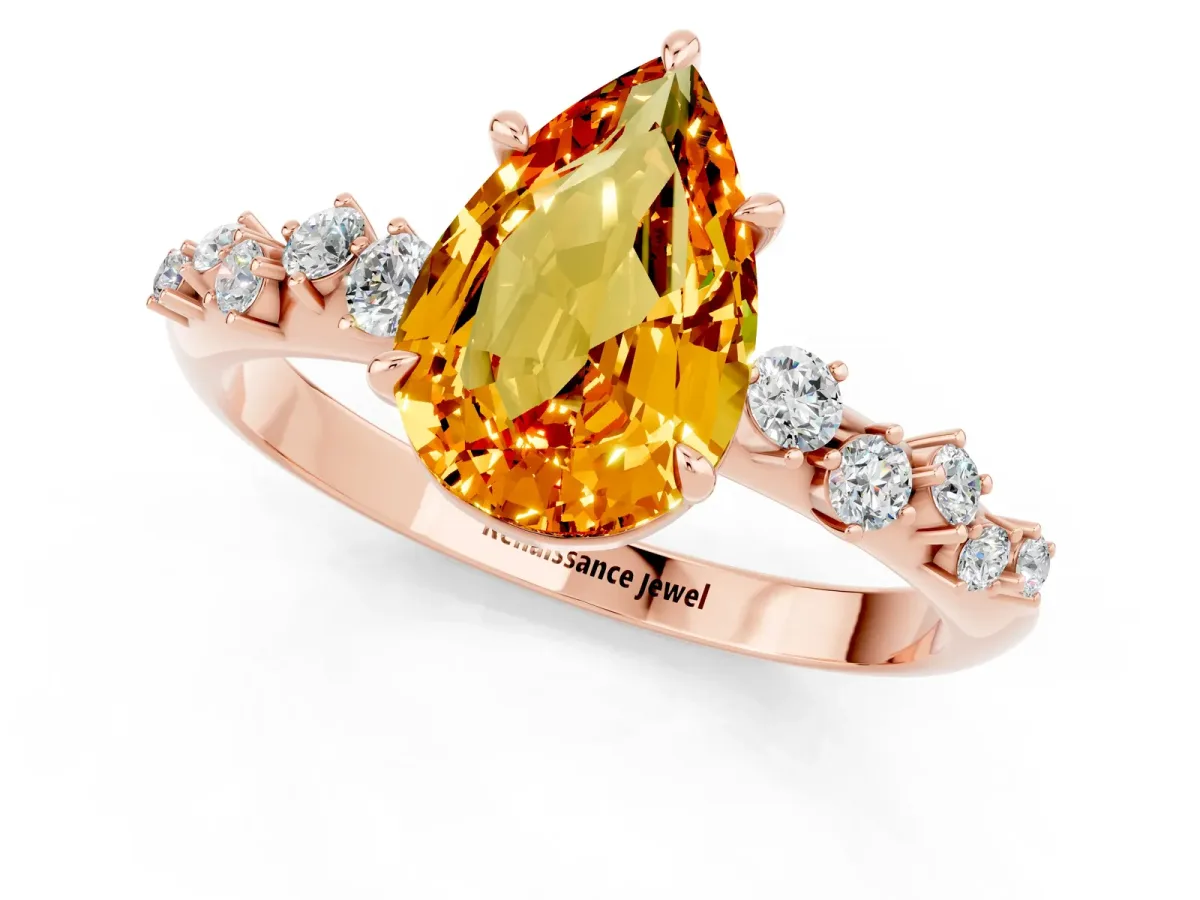 Pear Cut Citrine Cluster Side Stone Solitaire Ring with Prong Setting Rose gold