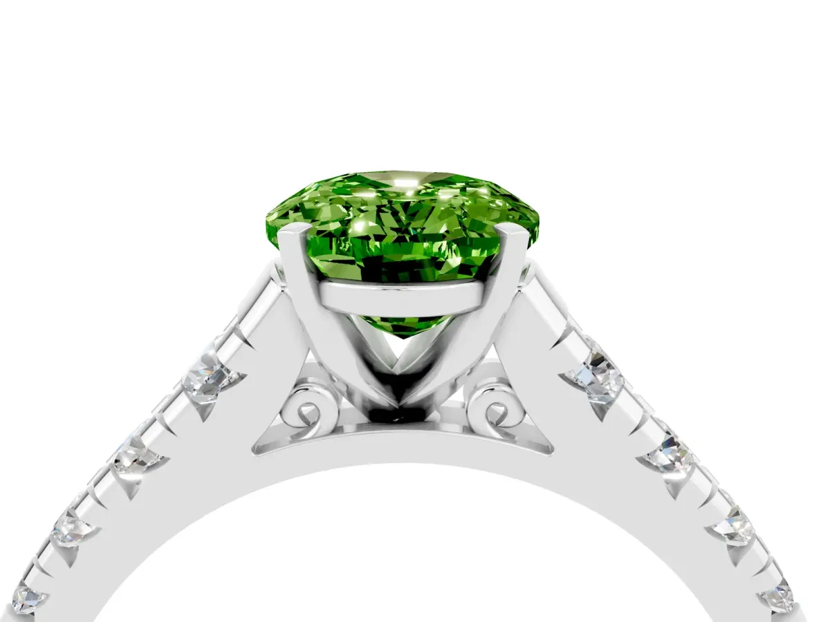 Oval Cut Peridot Cathedral Solitaire Ring with Round Pavé Band Platinum