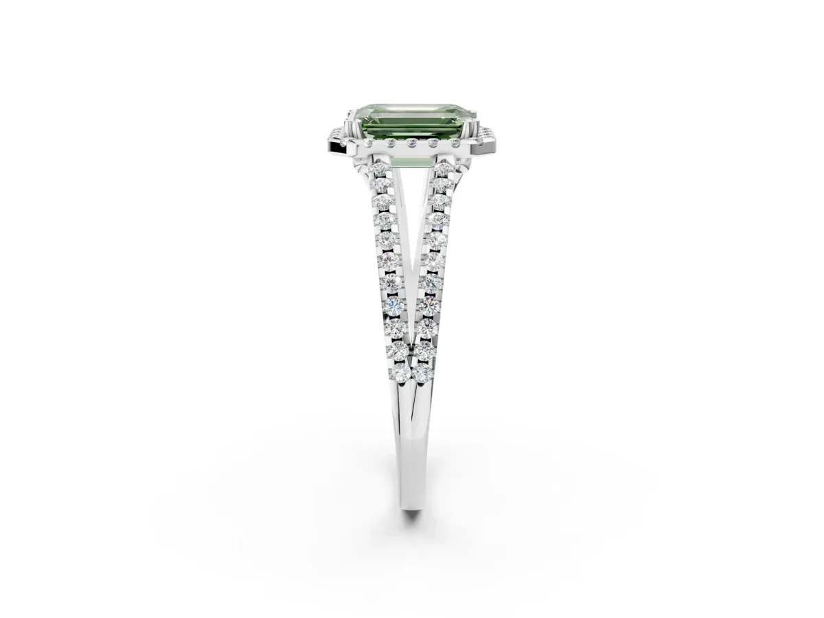 Fancy Green Emerald Cut Diamond Halo Split Shank Engagement Ring Platinum