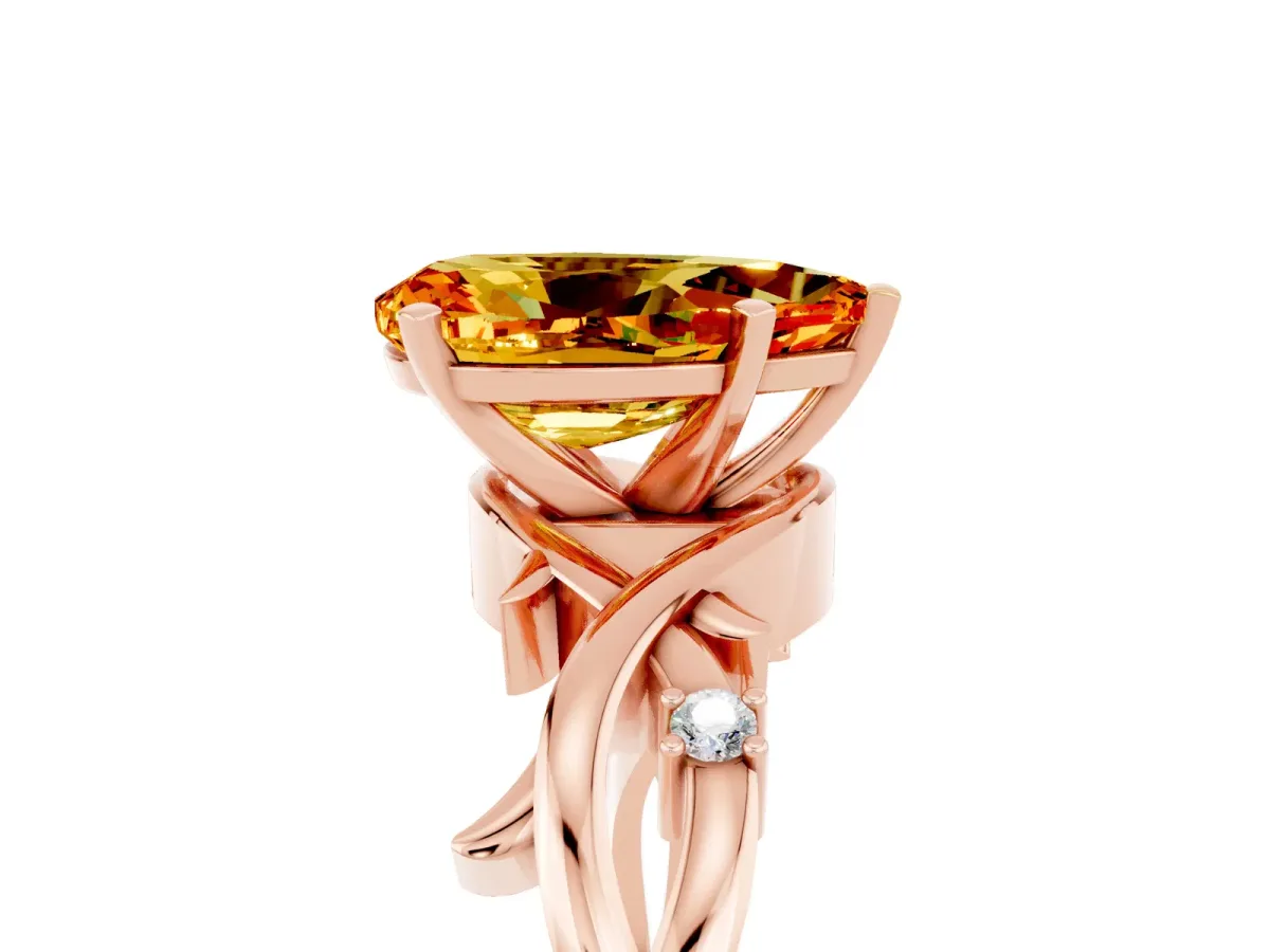 Pear Cut Citrine Solitaire Ring with Twisted Band and Prong Setting Rose gold