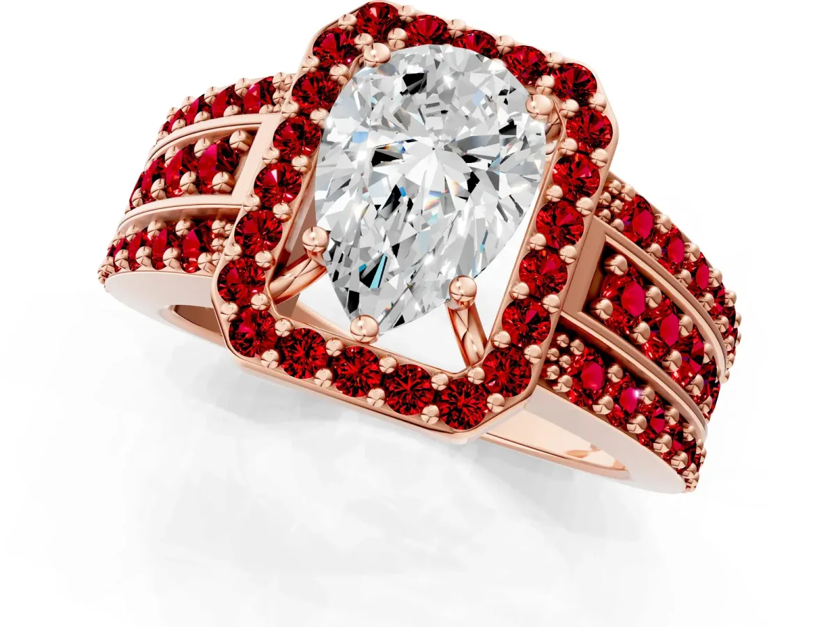 Pear Cut Halo Diamond Ring with Round Ruby Split Shank and Prong Setting Rose gold